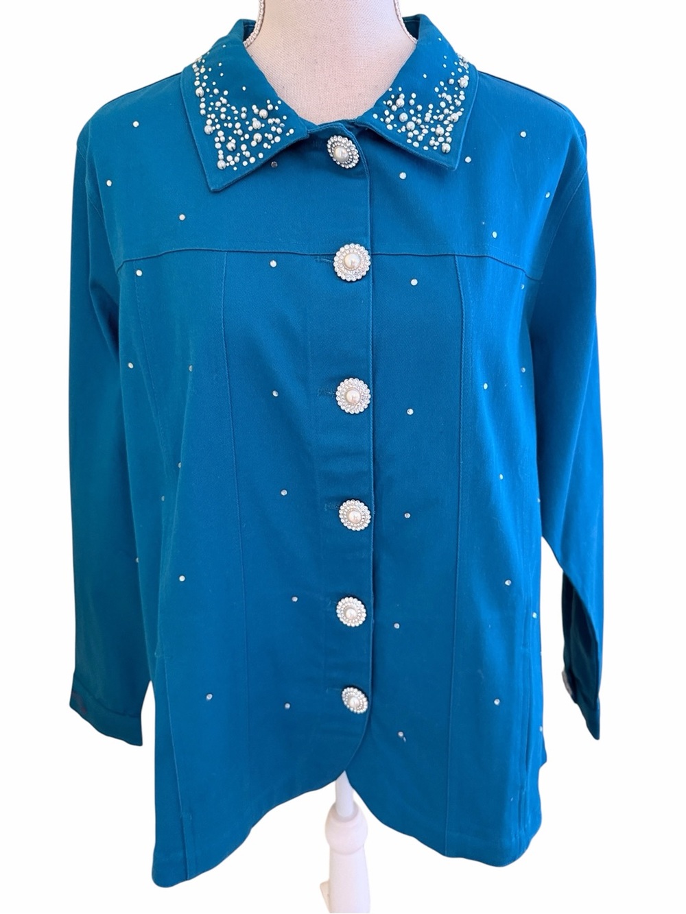 Quacker Factory Teal Green Embellished Pearl-Button Jacket L